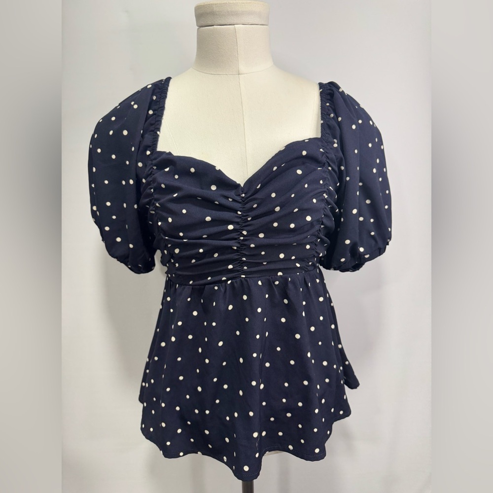 By Together Women's Polka-Dot Peplum Blouse Blue Size Medium